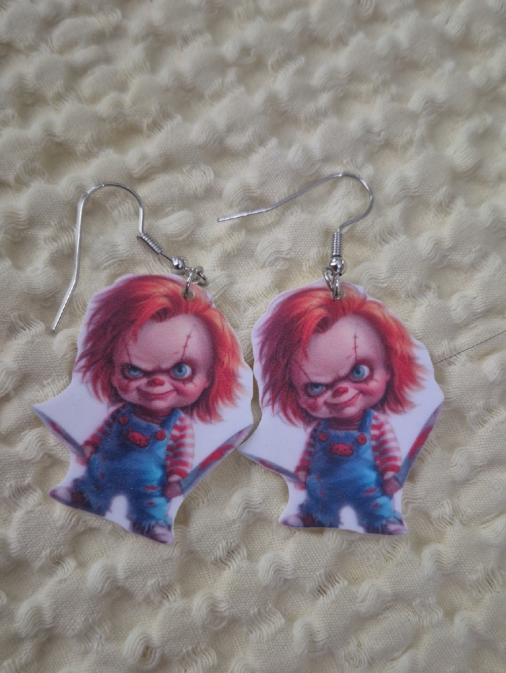Chucky Graphic Dangle Earrings - Red Hair, Blue Overalls